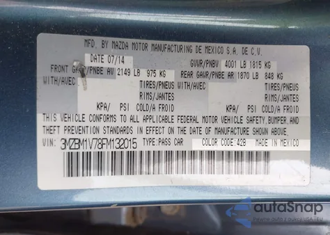 2015 Mazda Mazda3 I Touring from USA, damaged, VIN 3MZBM1V78FM132015